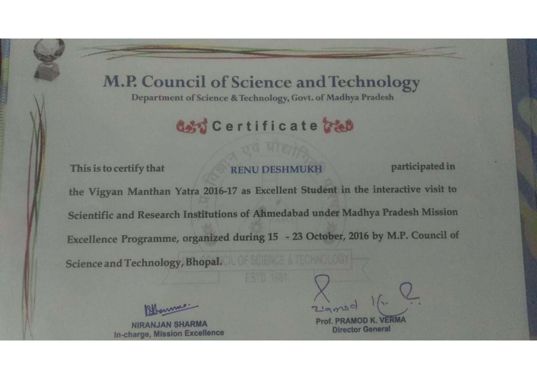 Selected In Vigyan Manthan Yatra in M.P. council of science and technology