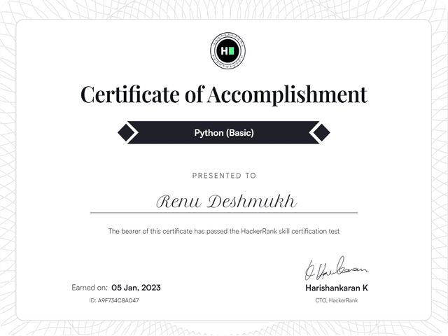Python (Basic) Certificate by HackerRank