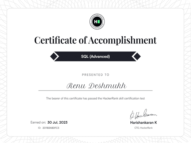 SQL (Advanced) Certificate by HackerRank